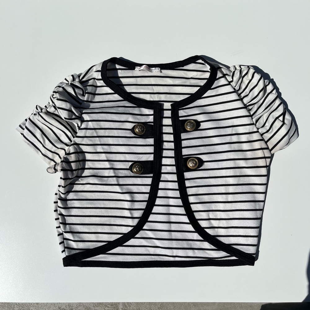 a'gaci Black & White Striped Short Sleeve Crop Top with Gold Buttons